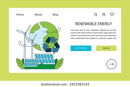 Renewable power web banner or landing page. Sustainable electricity consumption. Solar, wind energy generation source. Environmental protection. Flat vector illustration