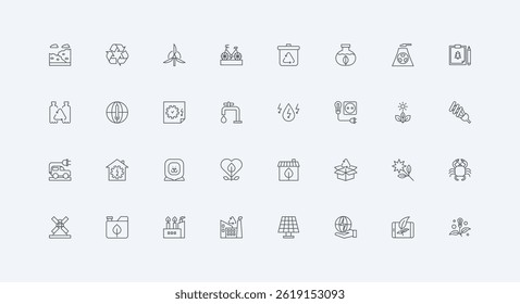 Renewable resource and recycling thin black outline symbols vector illustration. Eco friendly technology in industry, green energy and recycle for global environmental protection line icon set