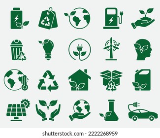 Conjunto de signos de recursos renovables, energía eólica y hídrica. Ecología ambiental del icono de silueta terrestre. Pictograma de energía verde. Símbolo de tecnología ecológicamente sostenible. Ilustración de vectores aislados.