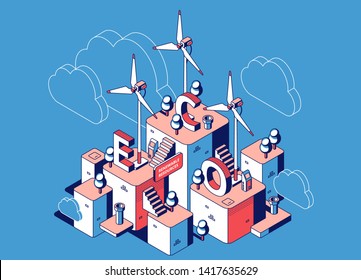 Renewable Resources, Eco Power Station With Wind Mill Turbines, Alternative Clean Energy, Ecology Friendly Green Town, City Environment. Sustainable Electricity Supply Isometric 3d Vector Illustration