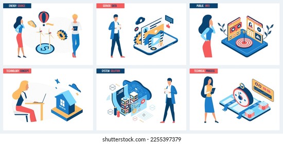 Renewable resources, solutions for energy production, public info data of server systems set vector illustration. Cartoon tiny people use wind turbines technology, work with technical processes online