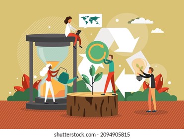Renewable sign, people growing green sprouts, flat vector illustration. Renewable resources, clean energy.