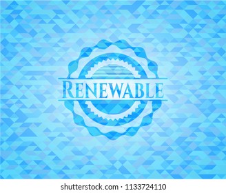 Renewable sky blue emblem with triangle mosaic background