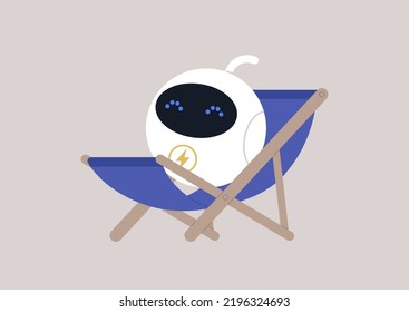 Renewable solar energy concept, a cute round robot charging from the sunlight on a deck chair, summertime outdoor lifestyle