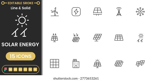 Renewable solar energy icon pack featuring photovoltaic panels, green power, sustainable electricity and eco technology symbols