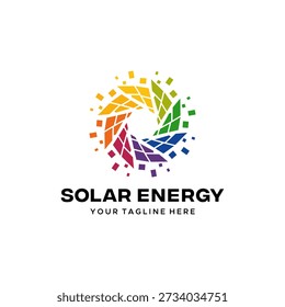 Renewable solar energy logo design. with abstract sun symbol and colorful spectrum elements. logo concept for innovation technology electric power eco-friendly or green technology, biomass, wind and solar power