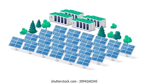 Central de generación de energía solar fotovoltaica renovable con celdas de paneles solares eléctricos para la red eléctrica con almacenamiento de baterías. Energía limpia y sostenible en el futuro. Ilustración vectorial aislada.