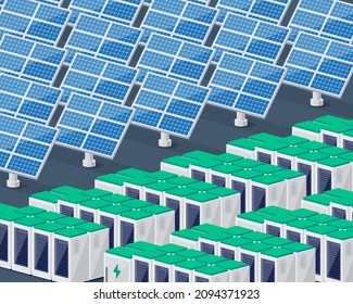 Central de generación de energía solar fotovoltaica renovable con celdas de paneles solares eléctricos para la red eléctrica con almacenamiento de baterías. Energía limpia y sostenible en el futuro. Ilustración vectorial de concepto.