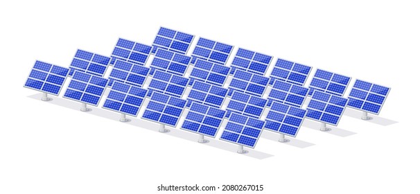 Renewable solar power plant station with electric solar panels cells for electricity grid. Clean sustainable energy photovoltaic generation industry. Isolated vector illustration on white background.