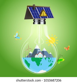 renewable sources of energy. Solar panels and wind turbines.