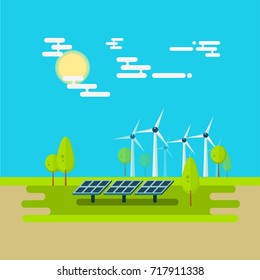 Renewable Sources of Energy, Windmill, Solar Cells Landscape Flat Illustration