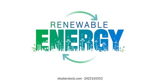Renewable and sustainable energy background. Green energy evolution. Banner poster concept for renewable energy. Innovative solar, wind, water dam and bio Green energy with city skyline.