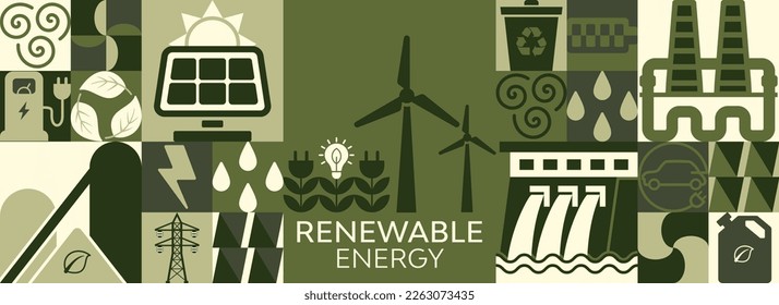 Desarrollo de energía renovable y sostenible con formas geométricas simples, idea ambiental y ecológica, ilustración vectorial. Energía verde, reciclado y conservación de los recursos naturales. volante vectorial