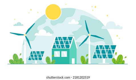 Renewable, sustainable and energy source. Wind mills, solar panels and house station. Green energy and ecology concept. Flat vector illustration.