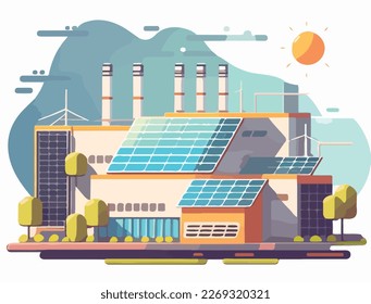 Renewable sustainable factory with photovoltaic solar panels on the roof. Green energy. Climate change prevention. Flat vector illustration concept