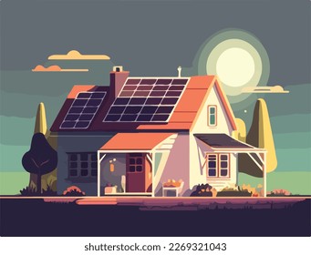 Hogar sostenible renovable con paneles solares fotovoltaicos en el techo de la casa. Energía verde. Prevención del cambio climático. Concepto de ilustración vectorial plana