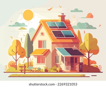 Renewable sustainable home with photovoltaic solar panels on the roof of the house. Green energy. Climate change prevention. Flat vector illustration concept