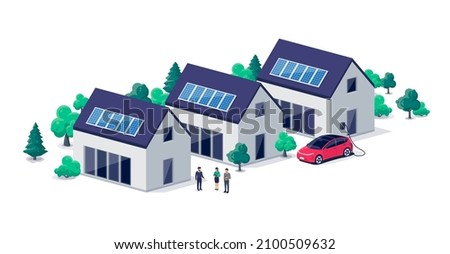 Renewable sustainable village buildings with photovoltaic solar panels roof power energy. Electric car charging in front of home from wallbox. Family houses on urban city street. Isolated vector.