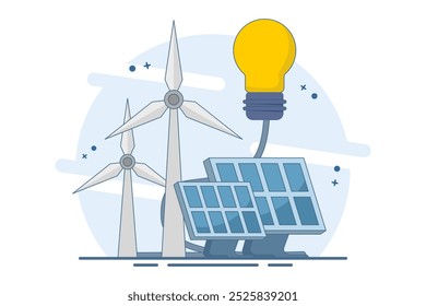 tecnologia renovável ou conceito de energia verde, transporte ecológico, ecologia, transporte elétrico e-motion, carros elétricos, painéis solares e turbinas eólicas, energia alternativa. ilustração vetorial plana.