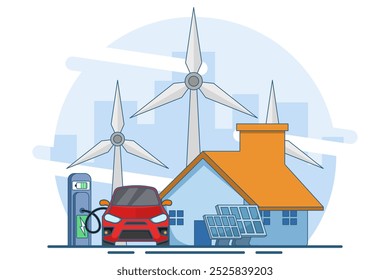 tecnologia renovável ou conceito de energia verde, transporte ecológico, ecologia, transporte elétrico e-motion, carros elétricos, painéis solares e turbinas eólicas, energia alternativa. ilustração vetorial plana.