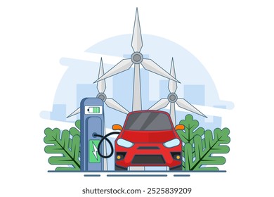 tecnologia renovável ou conceito de energia verde, transporte ecológico, ecologia, transporte elétrico e-motion, carros elétricos, painéis solares e turbinas eólicas, energia alternativa. ilustração vetorial plana.