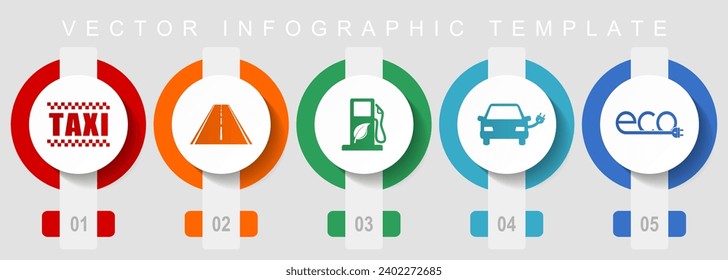 Renewables, transport flat design icon set, miscellaneous icons such as taxi, road, bio fuel, electric car and eco sign, vector infographic template, web buttons collection