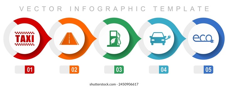 Renewables, transport flat design infographic template, miscellaneous symbols such as taxi, road, bio fuel, electric car and eco sign, vector icons collection