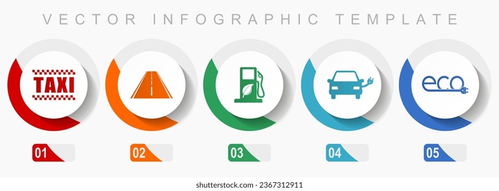 Renewables, transport icon set, miscellaneous icons such as taxi, road, bio fuel, electric car and eco sign, flat design vector infographic template, web buttons in 5 color options