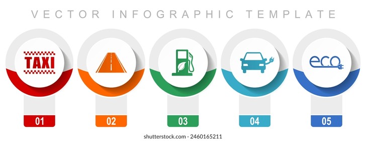 Renewables, transport icon set, miscellaneous vector icons such as taxi, road, bio fuel, electric car and eco sign, modern design infographic template, web buttons in 5 color options