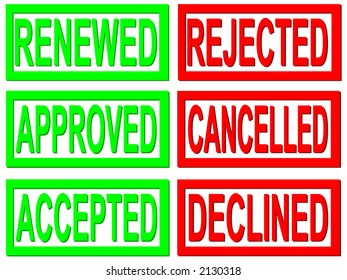 renewed, approved, accepted, rejected, cancelled and declined red and green stamps on white background