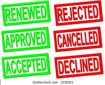 renewed, approved, accepted, rejected, cancelled and declined red and green transparent stamps