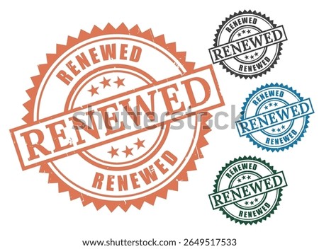 Renewed stamp vector graphic set in various colors for business and official document use case design