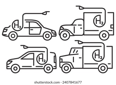 Renewlable energy.H2 symbol. Ecological energy. Zero emissions. H2 energy as green.Low emission.Hydrogen car icon. Hydrogen truck.Alternative energy source. Outline vector illustration.