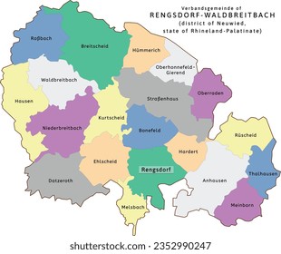 Rengsdorf-Waldbreitbach verbandsgemeinde map of Neuwied district Rhineland-Palatinate (Rheinland-Pfalz) state in Germany. Vectored. Retro colors