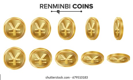 Renminbi 3D Gold Coins Vector Set. Realistic Illustration. Flip Different Angles. Money Front Side. Investment Concept. Finance Coin Icons, Sign Success Banking Cash Symbol. Currency Isolated On White