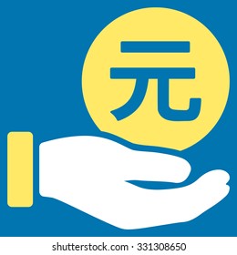 Renminbi Yuan Coin Payment vector icon. Style is flat bicolor yellow and white symbol, rounded angles, blue background.