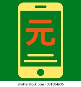 Renminbi Yuan Mobile Payment vector icon. Style is flat bicolor orange and yellow symbol, rounded angles, green background.
