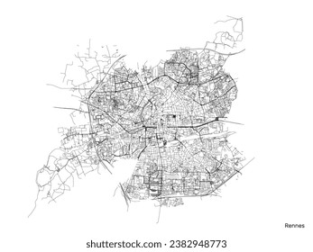 Mapa de la ciudad de Rennes con carreteras y calles, Francia. Ilustración del contorno del vector.