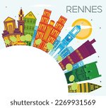 Rennes France City Skyline with Color Buildings, Blue Sky and Copy Space. Vector Illustration. Business Travel and Tourism Concept with Historic Architecture. Rennes Cityscape with Landmarks.