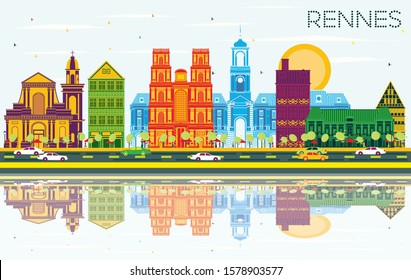 Rennes France City Skyline with Color Buildings, Blue Sky and Reflections. Vector Illustration. Business Travel and Tourism Concept with Historic Architecture. Rennes Cityscape with Landmarks. 
