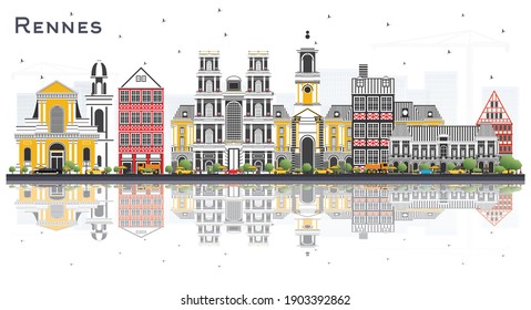 Rennes France City Skyline with Color Buildings and Reflections Isolated on White. Vector Illustration. Business Travel and Tourism Concept with Historic Architecture. Rennes Cityscape with Landmarks.