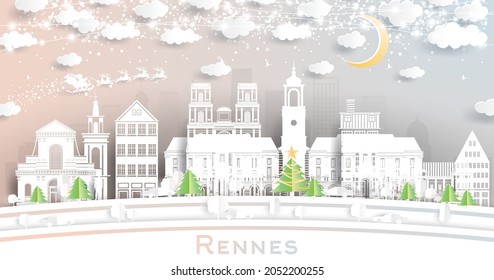 Rennes France City Skyline in Paper Cut Style with Snowflakes, Moon and Neon Garland. Vector Illustration. Christmas and New Year Concept. Santa Claus on Sleigh. Rennes Cityscape Landmarks.
