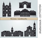 Rennes landmarks and monuments isolated on blue background in editable vector file