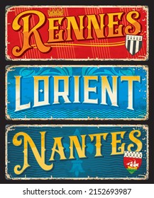 Rennes, Lorient, Nantes french city travel stickers and plates. France travel location stickers, European voyage retro banners or vector tin signs. French cities stickers with ancient Coat of Arms