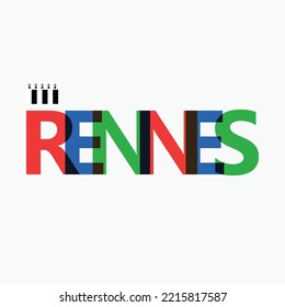 Rennes vector RGB overlapping letters typography with flag. French city logotype decoration.