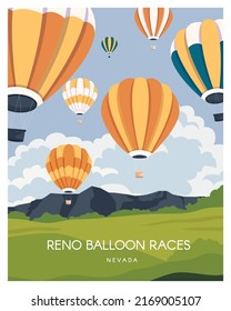 Reno balloon race illustration background, travel to nevada. vector landscape for poster, postcard, art print.