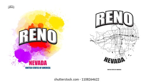 Reno, Nevada, logo design. Two in one vector arts. Big logo with vintage letters with nice colored background and one-color-version with map for every possible print production.