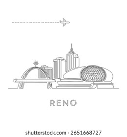Reno Nevada Skyline Line Art com Viagem de Avião.