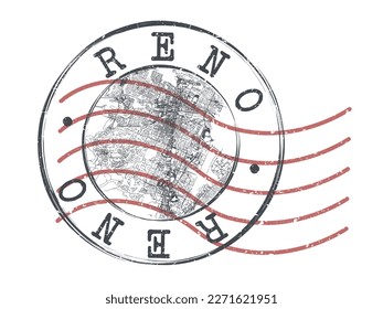 Reno, NV, USA Stamp Map Postal. Silhouette Seal Roads and Streets. Passport Round Design. Vector Icon. Design Retro Travel National Symbol.