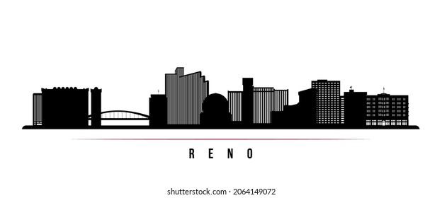 Banner horizontal de la línea aérea de Reno. Silueta blanca y negra de Reno, Nevada. Plantilla de vectores para su diseño. 